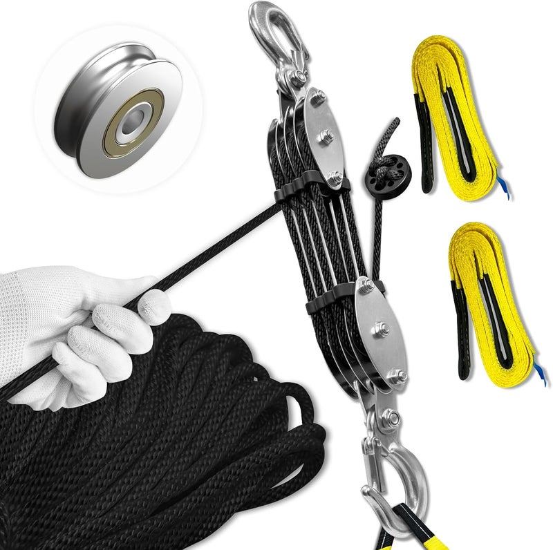 SALIFTFE Block and Tackle Pulley System w/ 2 Lift Sling Straps, Upgraded 4-Wheel Rope Hoist w/Dual Guide Wheels & Wide-Opening Hooks, 8:1 Lifting Power, 65FT x 1/4" Rope for Garage, Hunting, Lifting - Image 1
